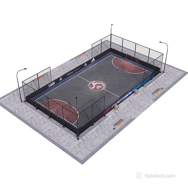 Outdoor Fenced Soccer Field With Artificial Turf Red Areas Center Mark Lighting And Benches 3d model 