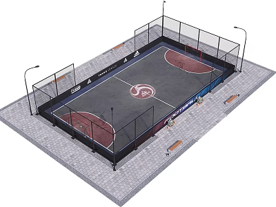 Outdoor Fenced Soccer Field With Artificial Turf Red Areas Center Mark Lighting And Benches 3d model