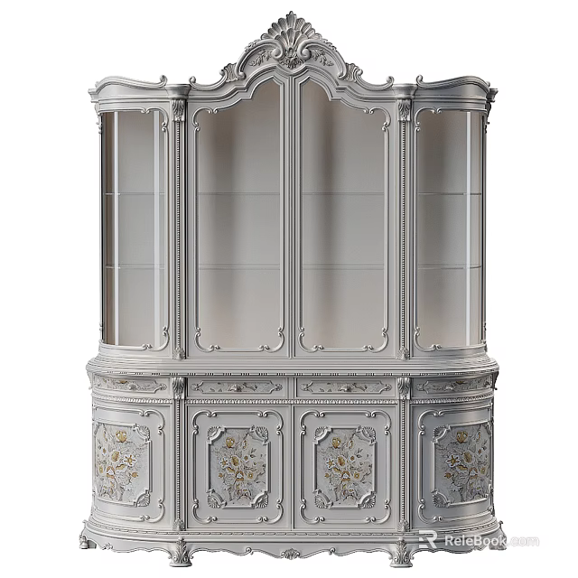 White European Style Decorative Display Cabinet With Carved Details And Glass Doors 3d model 