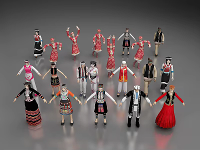 Group of People in Various Traditional Cultural Costumes Standing Together 3d model