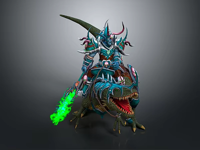 Fantasy Game Character Armored Warrior Riding Dinosaur Mount Green Flame Weapon Sharp Teeth Claws 3d model