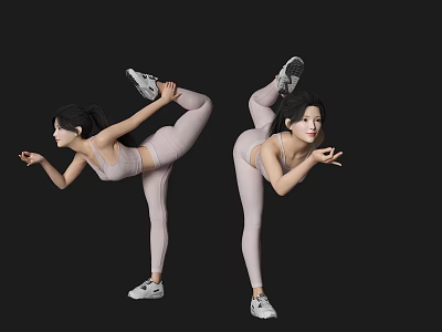 Two Women Performing Stretching Poses In Tight Activewear And Sneakers Against Black Background 3d model