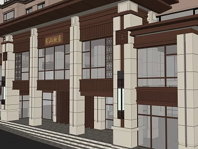 Traditional Chinese Commercial Building Exterior With Large Glass Windows And Stone Pillars 3d model