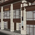 Traditional Chinese Commercial Building Exterior With Large Glass Windows And Stone Pillars