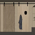 Modern Wooden Barn Door With Lattice Panel And Pegboard Hooks For Home Entrance