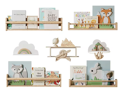 Kids Room Wall Decor With Wooden Shelves Books And Animal Art 3d model