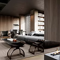 Modern Living Dining Room Interior With Wooden Walls Gray Sofa And Fireplace