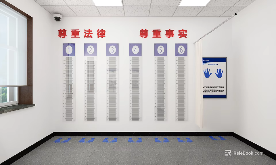 Monitoring Room with Respect Law Respect Facts Signs Numbered Screens and Blue Footprint Markers 3d model 