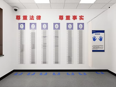 Monitoring Room with Respect Law Respect Facts Signs Numbered Screens and Blue Footprint Markers 3d model