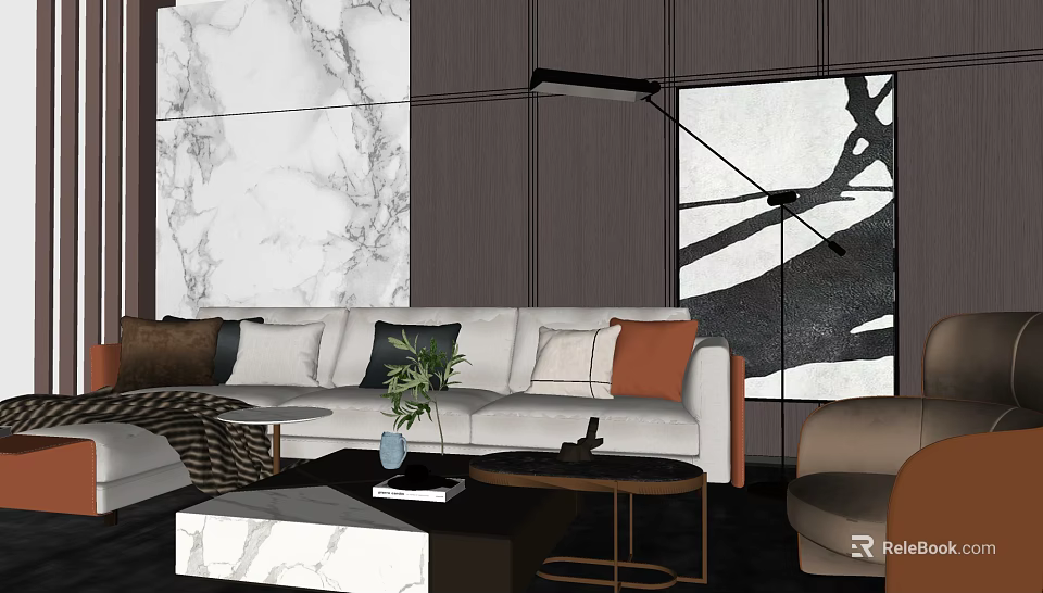 Elegant Modern Sofa Coffee Table Set With Marble Tabletop Throw Pillows And Floor Lamp 3d model