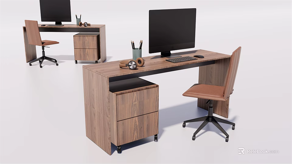 Wooden Office Desk With Computer Monitor Keyboard Drawer Cabinet And Chair 3d model 
