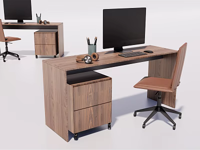 Wooden Office Desk With Computer Monitor Keyboard Drawer Cabinet And Chair 3d model