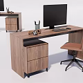 Wooden Office Desk With Computer Monitor Keyboard Drawer Cabinet And Chair
