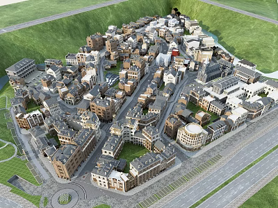 Aerial View of Commercial Street with Diverse Buildings Green Areas and Roads 3d model