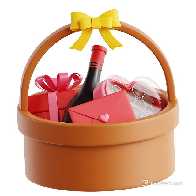 Brown Basket With Yellow Bow Holding Wine Bottle Red Gift Boxes Heart Envelope And Chocolates 3d model 