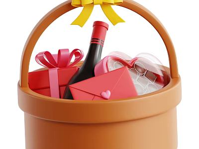 Brown Basket With Yellow Bow Holding Wine Bottle Red Gift Boxes Heart Envelope And Chocolates 3d model