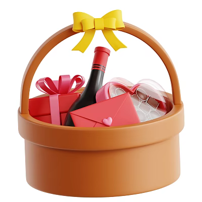 Brown Basket With Yellow Bow Holding Wine Bottle Red Gift Boxes Heart Envelope And Chocolates 3d model
