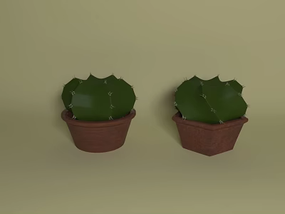 Pair of Green Spiky Cactus Plants in Brown Pots on Light Green Background 3d model