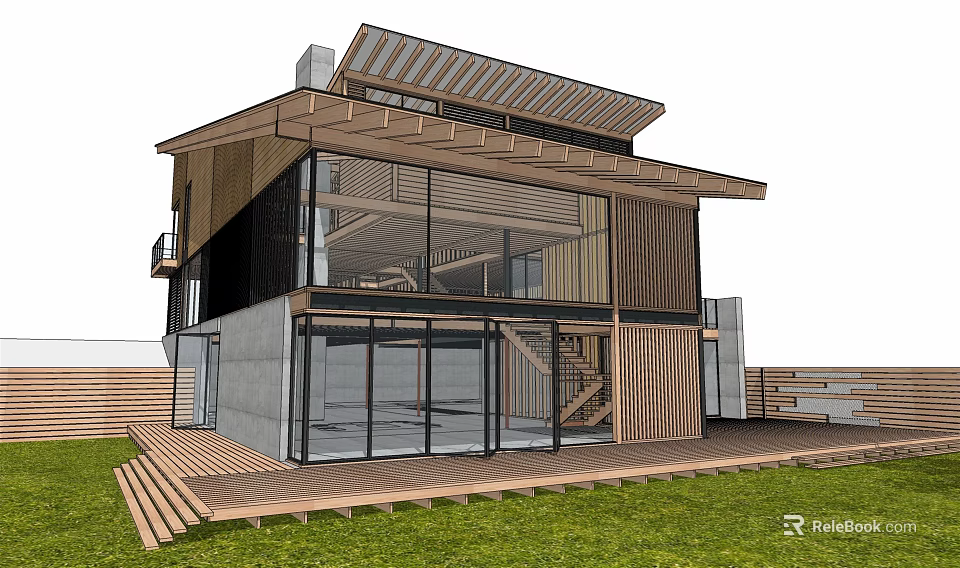 Modern Guesthouse Building With Sloped Roof Large Glass Windows Wooden Terrace And Grass Lawn 3d model 