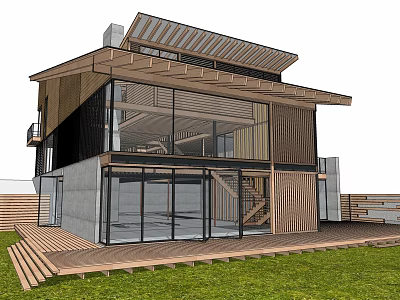 Modern Guesthouse Building With Sloped Roof Large Glass Windows Wooden Terrace And Grass Lawn 3d model
