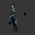 Elaborate Fantasy Character With Green Glowing Armor Horns Dual Weapons And Floating Spheres