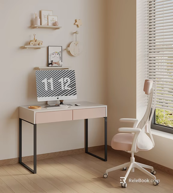 Modern Home Office Desk With Monitor Chair Window Blinds And Wall Decor 3d model 