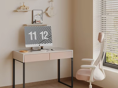 Modern Home Office Desk With Monitor Chair Window Blinds And Wall Decor 3d model