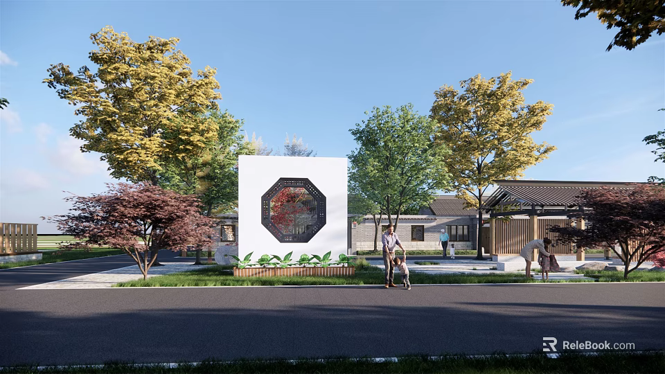 White Outdoor Feature Wall With Octagonal Decorative Panel Surrounded by Trees People and Background Buildings 3d model
