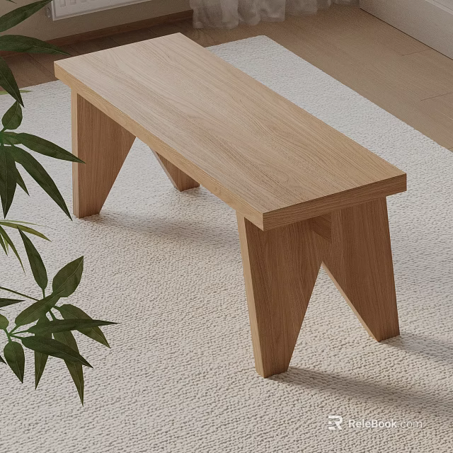 Wooden Sofa Bench With Simple Design On Light Carpet And Green Plant 3d model 