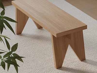 Wooden Sofa Bench With Simple Design On Light Carpet And Green Plant 3d model