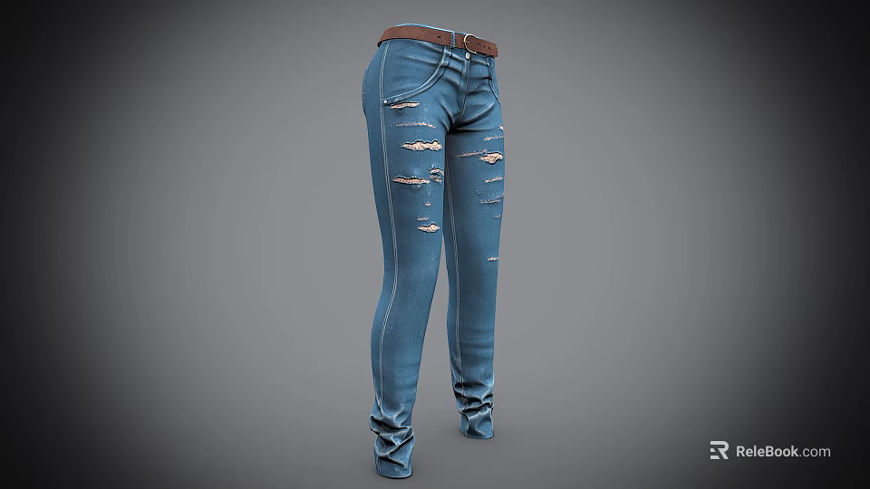 Blue Distressed Skinny Jeans with Ripped Details and Brown Belt Casual Style 3d model 