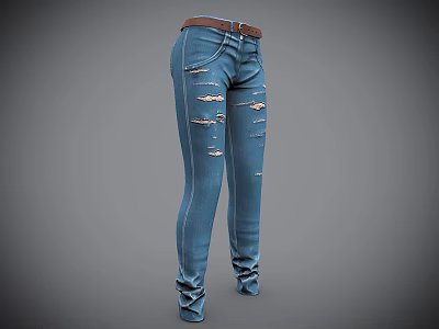 Blue Distressed Skinny Jeans with Ripped Details and Brown Belt Casual Style 3d model