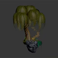 Cartoon Willow Tree Scene Featuring Brown Trunk Green Hanging Leaves Rock Base And Yellow Flowers