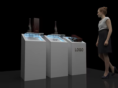 Modern Retail Display Cabinets with Electronic Items and a Woman Viewing 3d model