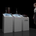 Modern Retail Display Cabinets with Electronic Items and a Woman Viewing
