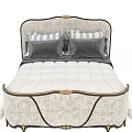 Elegant Upholstered Double Bed With Carved Headboard Decorative Trim And Plush Pillows