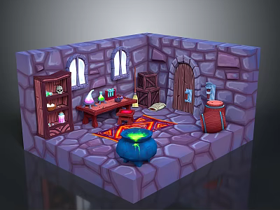 Magic Alchemy Room Interior With Stone Walls Arched Windows Wooden Door Cauldron And Potion Shelves 3d model