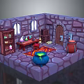 Magic Alchemy Room Interior With Stone Walls Arched Windows Wooden Door Cauldron And Potion Shelves