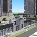 Modern Urban Commercial Complex With Open Plaza Fountain Greenery And High Rise Buildings