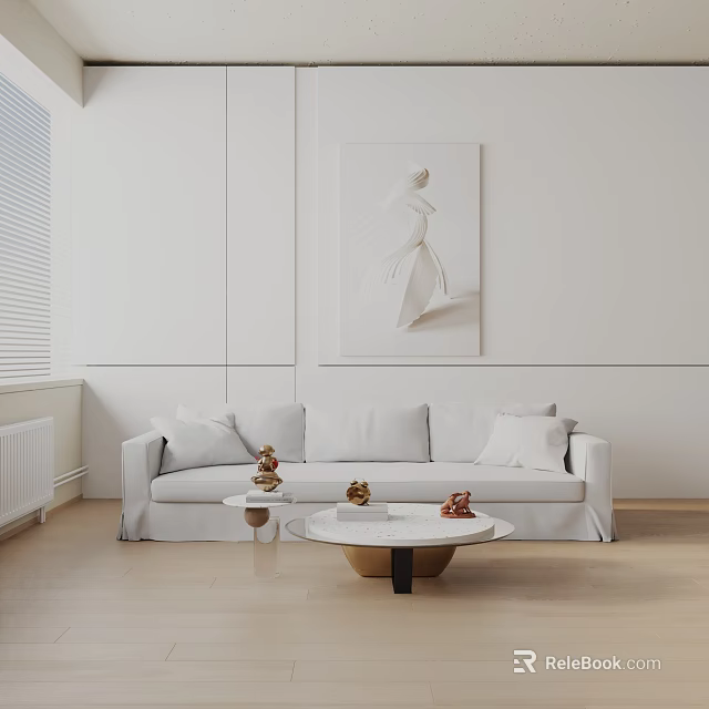 White Three Seater Sofa With Cushions Coffee Table And Wall Art In Modern Interior 3d model 