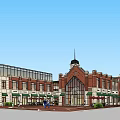 Charming Commercial Street With Red Brick Buildings Clock Tower Storefronts Awnings Greenery And Pedestrians