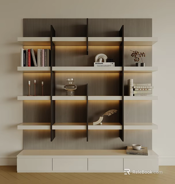 Modern Bookcase Design With Layered Shelves Built in Lighting Books And Decorative Items 3d model 
