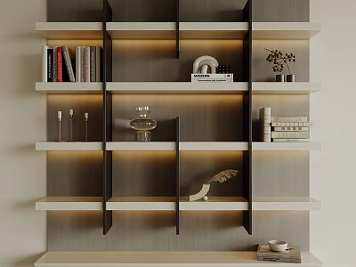 Modern Bookcase Design With Layered Shelves Built in Lighting Books And Decorative Items 3d model