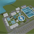 Industrial Factory Complex With Multiple Buildings Circular Facility Surrounding Green Vegetation River And Road
