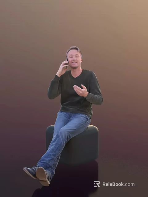 Man Sitting on Green Stool Talking on Phone Wearing Dark Sweater and Blue Jeans 3d model 