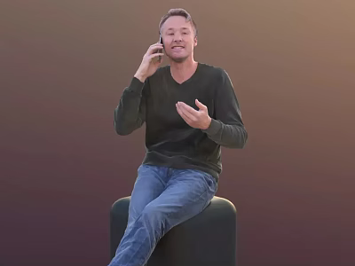Man Sitting on Green Stool Talking on Phone Wearing Dark Sweater and Blue Jeans 3d model