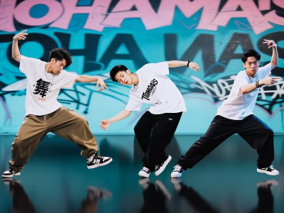 Men Dancing With Dynamic Moves In White T Shirts And Casual Pants Against Graffiti Wall 3d model