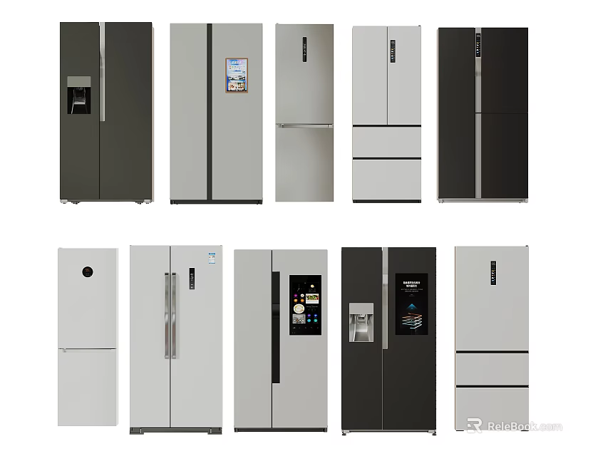 Various Modern Refrigerator Styles With Different Door Designs And Color Options 3d model 