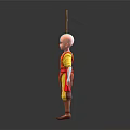 Young Monk Character In Orange Yellow Robe Holding Red Umbrella On Gray Background