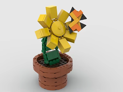 Creative Building Block Sunflower Pot With Yellow Petals Green Stem Leaves And Brown Base 3d model